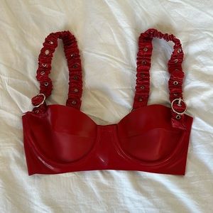 Vex Clothing handmade latex underwire bra with ruched straps in red, size 36B